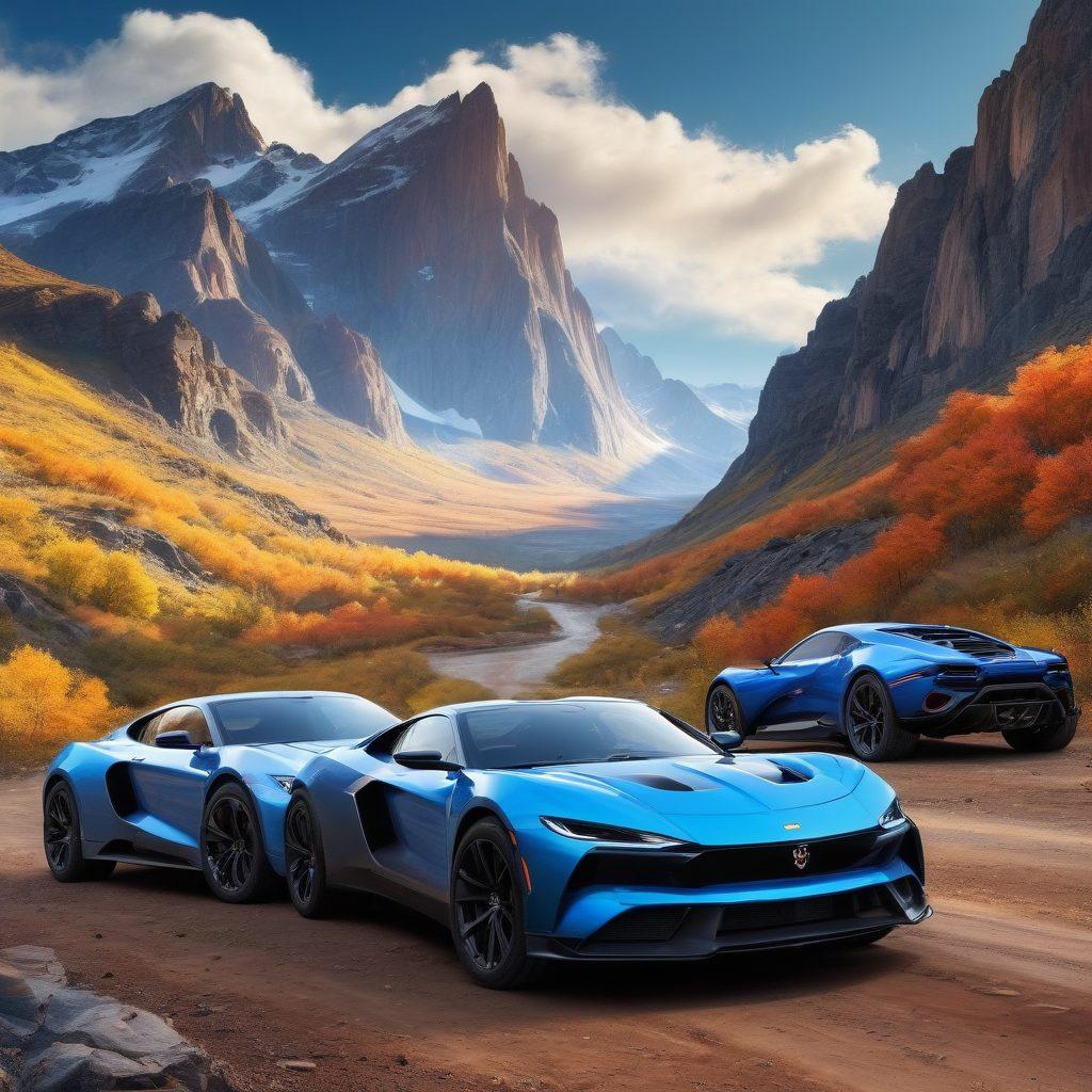 A dynamic scene of a sleek sports car and a rugged off-road vehicle parked side by side, showcasing their striking contrasts. The background features a winding road with mountains and an off-road trail, symbolizing adventure and safety. Include safety shields or icons hovering above the vehicles, representing auto coverage. The sky is a clear blue, adding a sense of freedom and excitement. vibrant colors. super-realistic.