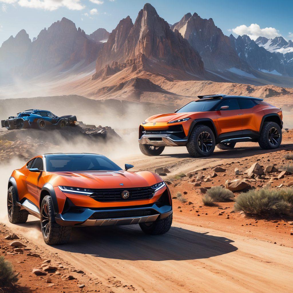 A split scene showing a sleek sportscar on one side and a rugged off-road vehicle on the other, both under a protective shield symbolizing insurance. In the background, depict a dynamic city skyline merging into a scenic off-road landscape with mountains. Add a vibrant blue sky and make the contrast between the two vehicles prominent, highlighting their unique features. super-realistic. vibrant colors. white background.