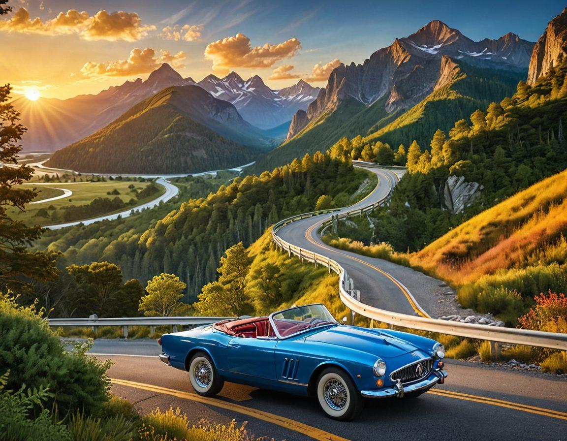 A vibrant road winding through breathtaking mountains, with a vintage car parked at a scenic overlook, showcasing an open map and a compass on the hood. The sky is clear with bright blue hues, hinting at adventure ahead. Include elements like lush greenery and a distant sunset for a warm, inviting atmosphere. super-realistic. vibrant colors. outdoor adventure.